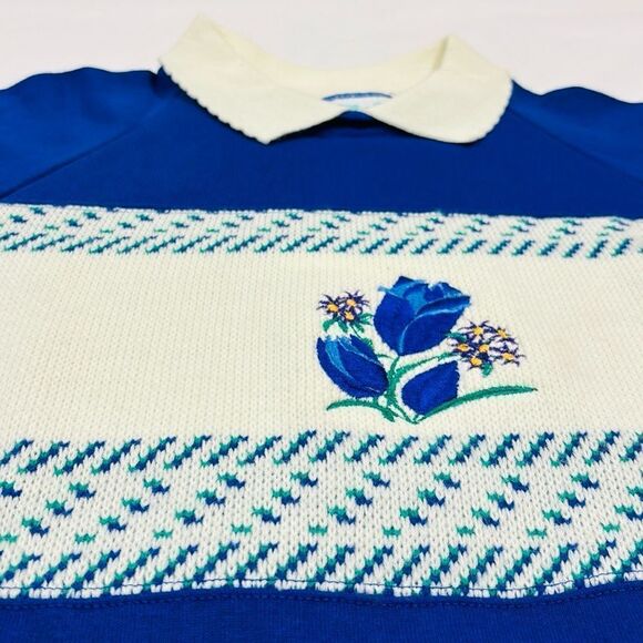 Vintage Deadstock Embroidered Knit Floral Collared Crewneck Sweater - Picture 4 of 7